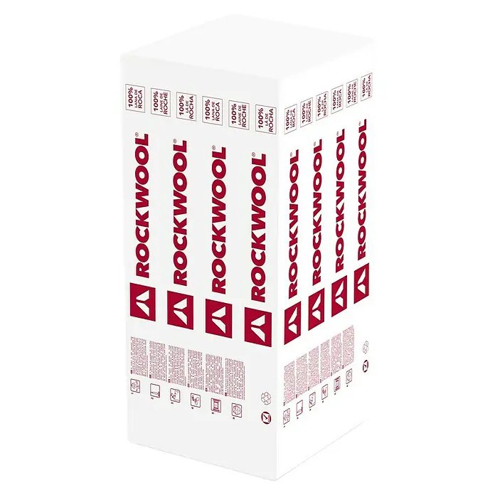 Rockwool Lana de roca semirrígida Sonorock Eco - 135 cm x 60 cm x 40 mm, 12,96 m² - Vista de un paquete de aislamiento ROCKWOOL, conocido por su aislamiento térmico y acústico.
