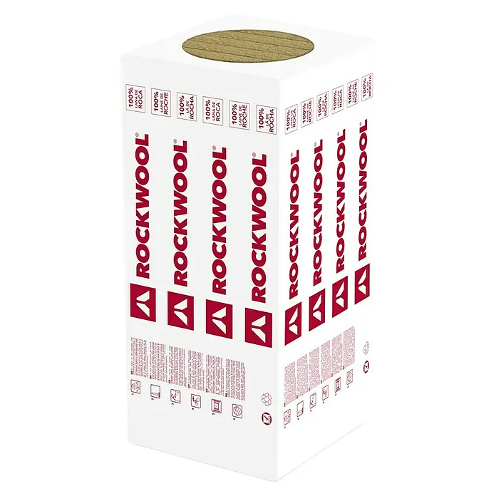 Rockwool Lana de roca semirrígida Sonorock Plus - 8,1 m² - Bloque de aislamiento de lana de roca ROCKWOOL empaquetado en blanco con material fibroso marrón claro visible.