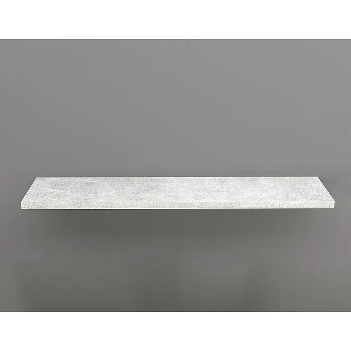 Regalboden - Beton, 120 x 20 x 1,6 cm - Nahaufnahme eines modernen, schwebenden Regals mit Marmoroptik vor einem neutralen, grauen Hintergrund.