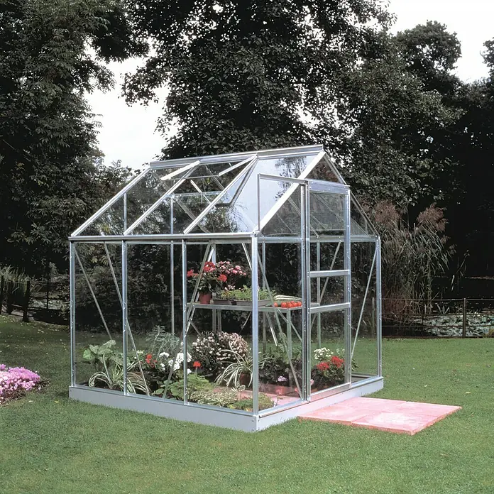 Halls Gewächshaus Popular 66 - Außenmaß inkl. Dachüberstand (B x T): 193 x 195 cm, Einscheibensicherheitsglas, 3 mm, Aluminium - Ein geräumiges Gewächshaus aus Glas und Metall bietet den Pflanzen optimalen Schutz und ideale Wachstumsbedingungen im Garten.