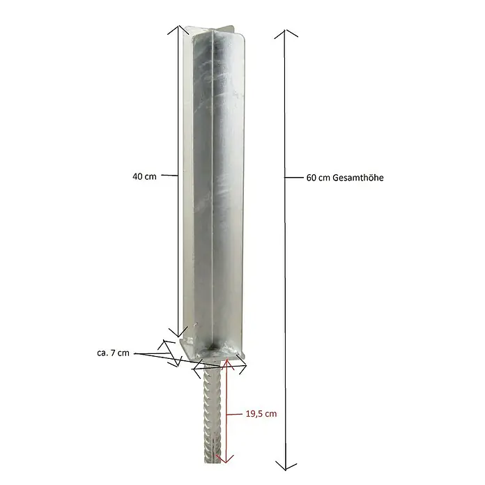 Pfostenträger - Passend für: Sichtschutzelement Ibiza & Palma, Zum Einbetonieren - Bild einer Bodenhülse mit Maßen.
