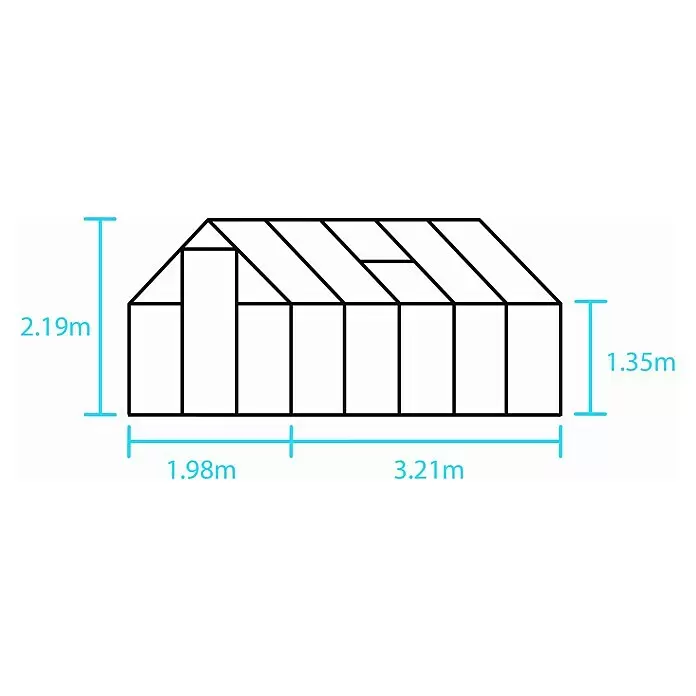 Halls Gewächshaus Qube 610 - Außenmaß inkl. Dachüberstand (B x T): 198 x 321 cm, Material Seitenwand: Glas, 3 mm, Schwarz - Umrisszeichnung eines Gewächshauses mit Maßen: Gesamthöhe 2.19m, Wandhöhe 1.35m, Breiten 1.98m und 3.21m.