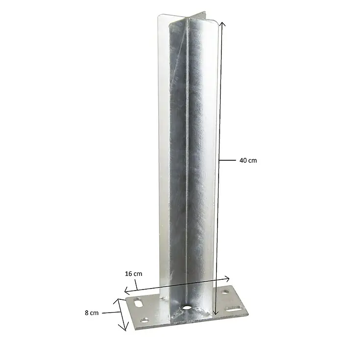 Pfostenträger - Passend für: Sichtschutzelement Ibiza & Palma, Zum Aufschrauben - Produktabbildung eines Metallpfostens mit quadratischer Basisplatte und Abmessungen für verschiedene Anwendungen.