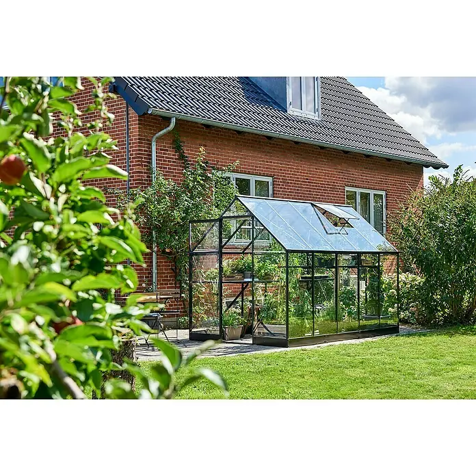 Halls Gewächshaus Qube 610 - Außenmaß inkl. Dachüberstand (B x T): 198 x 321 cm, Material Seitenwand: Glas, 3 mm, Schwarz - Das Bild zeigt ein Gewächshaus mit Glaswänden und einem schwarzen Rahmen vor einem roten Backsteingebäude mit Fenstern und einem Ziegeldach.