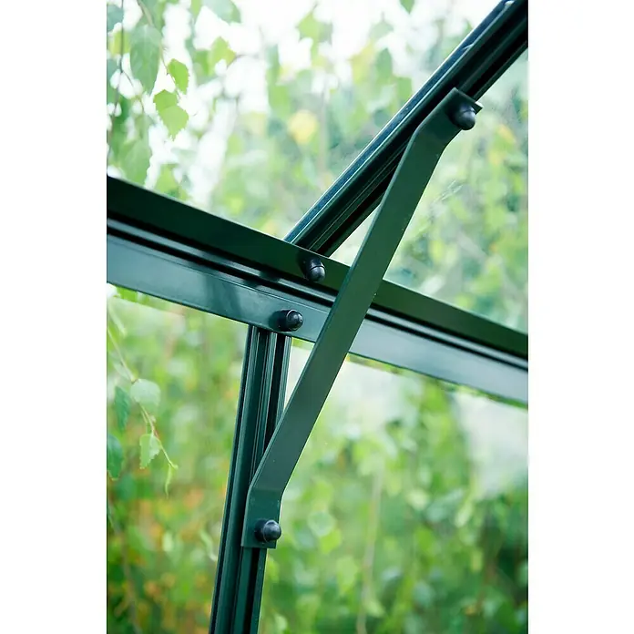 Halls Gewächshaus Magnum 128 - Außenmaß inkl. Dachüberstand (B x T): 257 x 384 cm, Material Seitenwand: Glas, 3 mm, Grün, Sicherheitsglas - Nahaufnahme der grünen Metallstruktur eines Gewächshauses, die Stabilität und Haltbarkeit verspricht.