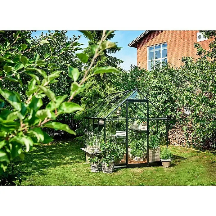 Halls Gewächshaus Qube 68 - Außenmaß inkl. Dachüberstand (B x T): 198 x 259 cm, Material Seitenwand: Glas, 3 mm, Schwarz - Idyllische Gartenszene mit einem Gewächshaus voller Pflanzen, das einen Hauch von Grün in den Außenbereich bringt und zum Verweilen einlädt.
