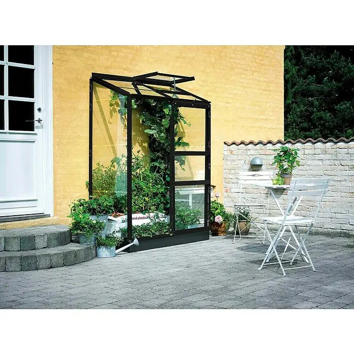 Halls Gewächshaus Altan 2 - Außenmaß inkl. Dachüberstand (B x T): 132 x 69 cm, Material Seitenwand: Glas, 3 mm, Schwarz - Das Anlehngewächshaus ist mit einer Vielzahl von Pflanzen und Tomaten gefüllt, die in einem Außenbereich mit Tisch und Stühlen stehen.