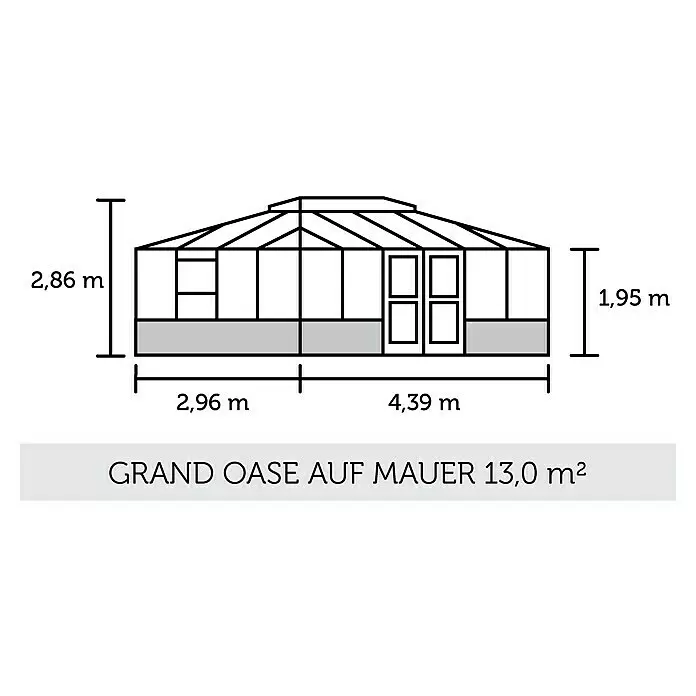 Juliana Gewächshaus Grand Oase - Außenmaß inkl. Dachüberstand (B x T): 296 x 439 cm, Material Seitenwand: Glas, 3 mm, Anthrazit/Schwarz - Gewächshaus-Bauplan mit Maßen: Gesamthöhe 2,86m, Traufhöhe 1,95m, Breiten 2,96m und 4,39m. Fläche 13,0 m².