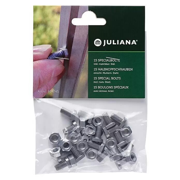 Juliana Halbkopfschrauben - Passend für: Halls und Juliana Gewächshäuser - Packung mit 15 speziellen Stahlschrauben und Muttern in Klarsichtbeutel, mit Juliana-Branding.