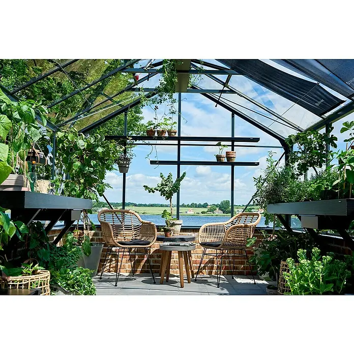 Gewächshaus Premium - Außenmaß inkl. Dachüberstand (B x T): 296 x 439 cm, Material Seitenwand: Glas, Anthrazit/Schwarz - Einladende Gartenszene in einem Juliana Gewächshaus mit Korbstühlen und üppigen Pflanzen, die eine ruhige Atmosphäre schaffen.