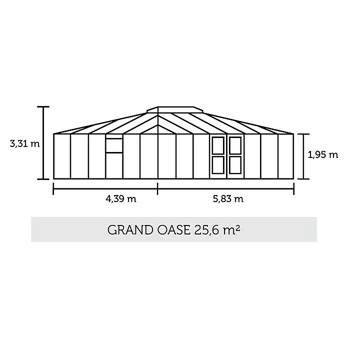Juliana Gewächshaus Grand Oase - Außenmaß inkl. Dachüberstand (B x T): 439 x 583 cm, Material Seitenwand: Glas, 3 mm, Anthrazit/Schwarz - Technische Zeichnung des Gewächshauses Grand Oase 25,6m² mit Giebeldach. Maße: 3,31m Gesamthöhe, 1,95m Traufhöhe, 10,22m Länge.