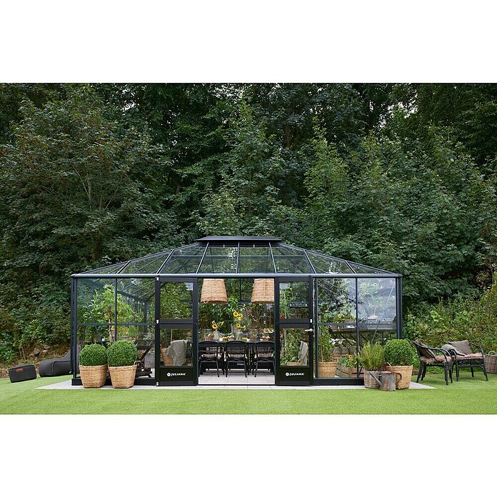 Juliana Gewächshaus Grand Oase (Außenmaß inkl. Dachüberstand (B x T): 439 x 583 cm, Material Seitenwand: Glas, 3 mm, Anthrazit/Schwarz) | BAUHAUS