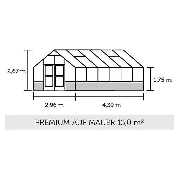Gewächshaus Premium - Außenmaß inkl. Dachüberstand (B x T): 296 x 439 cm, Material Seitenwand: Glas, Anthrazit/Schwarz - Premium Gewächshaus auf grauer Mauer, 13,0 m², H: 2,67m, Traufhöhe: 1,75m, L: 7,35m.