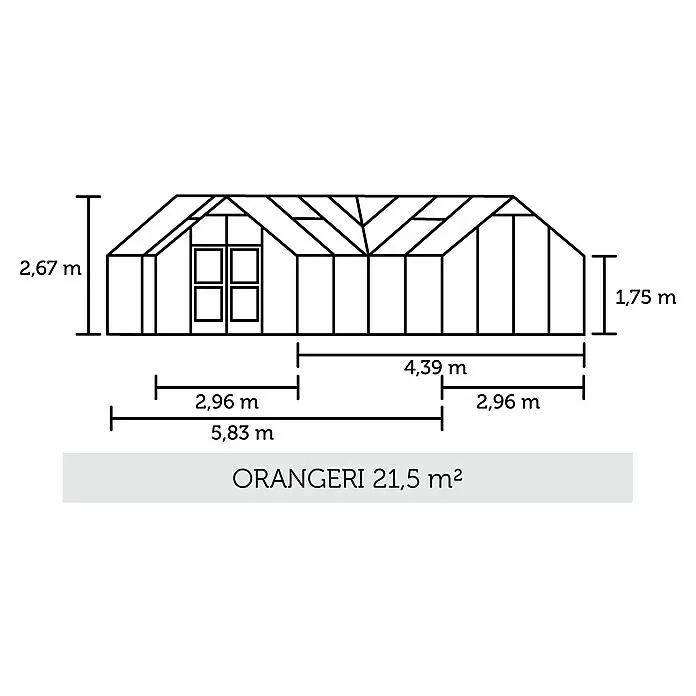 Juliana Gewächshaus Orangerie - Außenmaß inkl. Dachüberstand (B x T): 583 x 439 cm, Material Seitenwand: Glas, 3 mm, Anthrazit/Schwarz - Strichzeichnung einer Orangerie mit Maßen: Höhe 2,67m, Seitenwand 1,75m, Länge 5,83m und Gesamtfläche 21,5m².