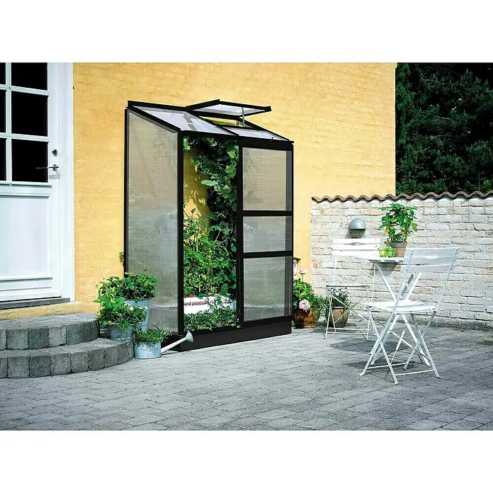 Halls Gewächshaus Altan 2 - Außenmaß inkl. Dachüberstand (B x T): 132 x 69 cm, Material Seitenwand: Kunststoff, 4 mm, Schwarz - Nahaufnahme eines Anlehngewächshauses mit Pflanzen darin, das an einer gelben Ziegelwand steht, neben einer weißen Tür und Terrassenmöbeln.