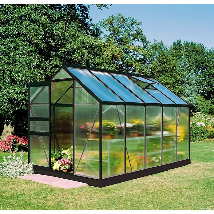 Halls Gewächshaus Popular 106 - Außenmaß inkl. Dachüberstand (B x T): 193 x 319 cm, Material Seitenwand: Kunststoff, 4 mm, Schwarz - Ein Gewächshaus mit Pflanzen im Garten. Es ist aus Glas und Metall gefertigt und bietet einen idealen Raum für Pflanzen.