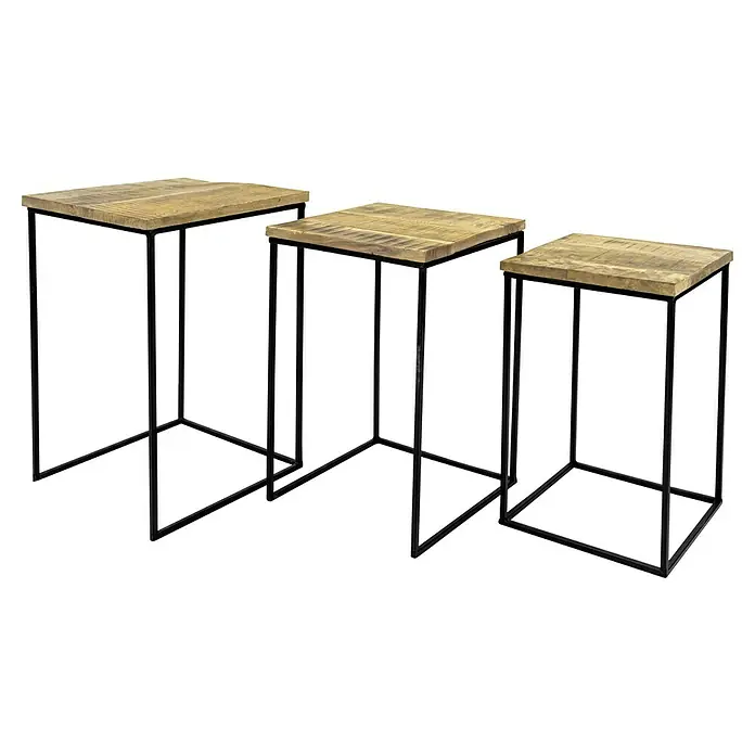 Beistelltisch - 36 x 36 x 54 cm, Mangoholz, Natur/Schwarz - Set von drei Satztischen mit quadratischen Holzplatten und filigranen, schwarzen Metallgestellen.