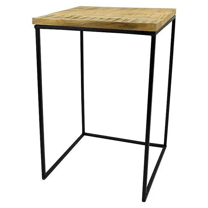 Beistelltisch - L x B x H: 33 x 33 x 50 cm, Eckig, Natur/Schwarz - Kleiner quadratischer Tisch mit Holzplatte und schwarzem Metallgestell.