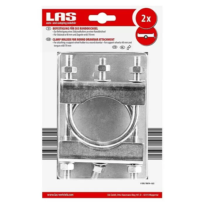LAS Rundrohrklemme - 2 Stk. - Set von zwei Metall-Klemmschellen für Runddeichselbefestigung in Verpackung.