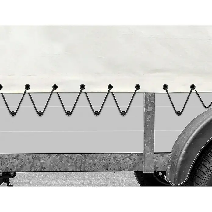 LAS Rundknopf - 10 Stk. - Nahaufnahme einer Anhängerabdeckung mit Gummizugbefestigung, die eine sichere und wetterfeste Abdichtung gewährleistet. Perfekt, um Ladung trocken zu halten.