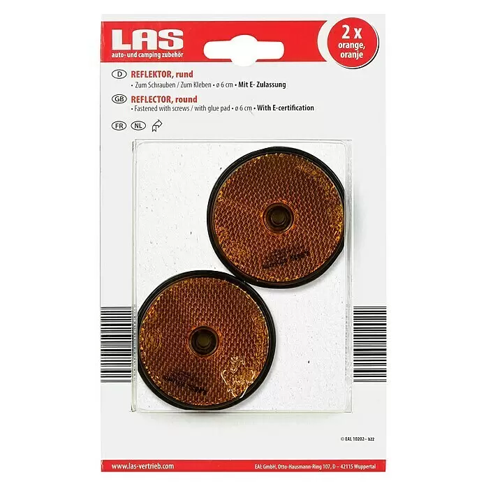 LAS Reflektor - 2 Stk., Orange - Zwei runde, orange Reflektoren (Ø 6 cm) zum Schrauben oder Kleben, mit E-Zulassung.
