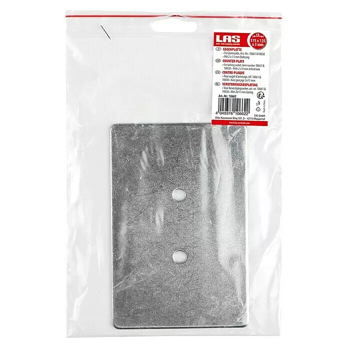 LAS Gegenplatte - Passend für: Zurrmulde LAS - Silbergraue Metall-Gegenplatte (175x125x3mm) mit zwei 11mm Bohrungen für Zurrmulden, in transparenter Kunststoffverpackung.