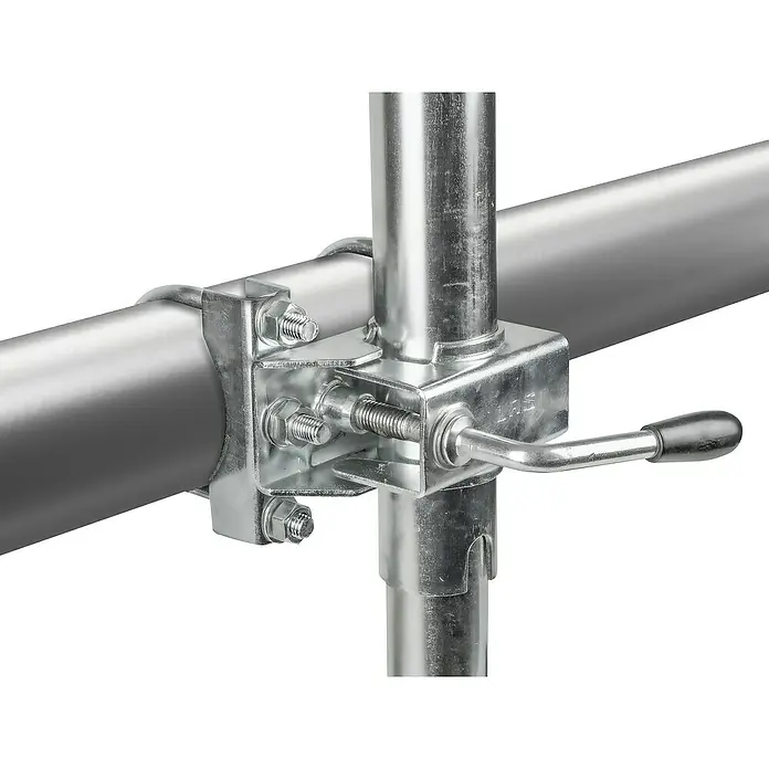 LAS Rundrohrklemme - 2 Stk. - Ein detailreiches Bild einer Gerüstschelle, die zwei silberne Rohre sicher miteinander verbindet. Die robuste Konstruktion ist ideal für Bauprojekte.