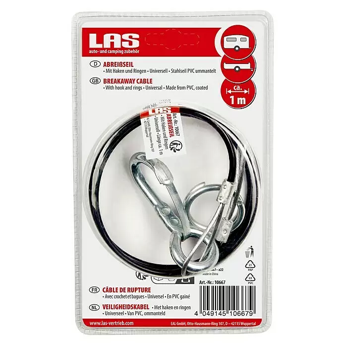 LAS Abreißseil - Geeignet für: Gebremste Anhänger, 100 cm - Schwarzes, PVC-ummanteltes Stahlseil (ca. 1m) mit Haken und Ringen, als Abreißseil für Anhänger.