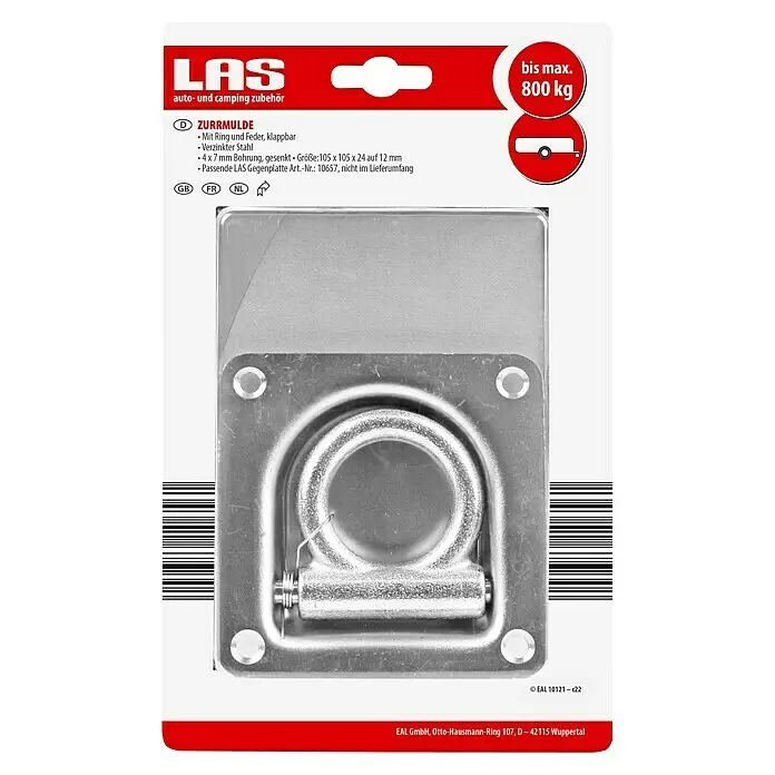 LAS Zurrmulde - Passend für: Gegenplatte LAS - Eine eingelassene Zurrmulde aus verzinktem Stahl mit klappbarem Ring, belastbar bis 800 kg.