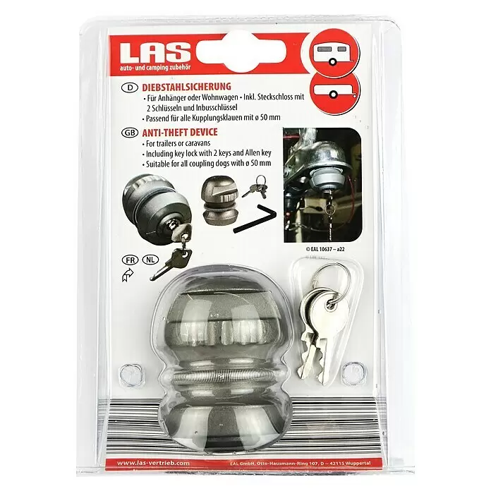 LAS Diebstahlsicherung - Geeignet für: Anhänger, Höhe: 6,3 cm - Graue, metallische Diebstahlsicherung für Anhängerkupplungen (Ø 50 mm), verpackt, mit Schlüsseln und Inbusschlüssel.