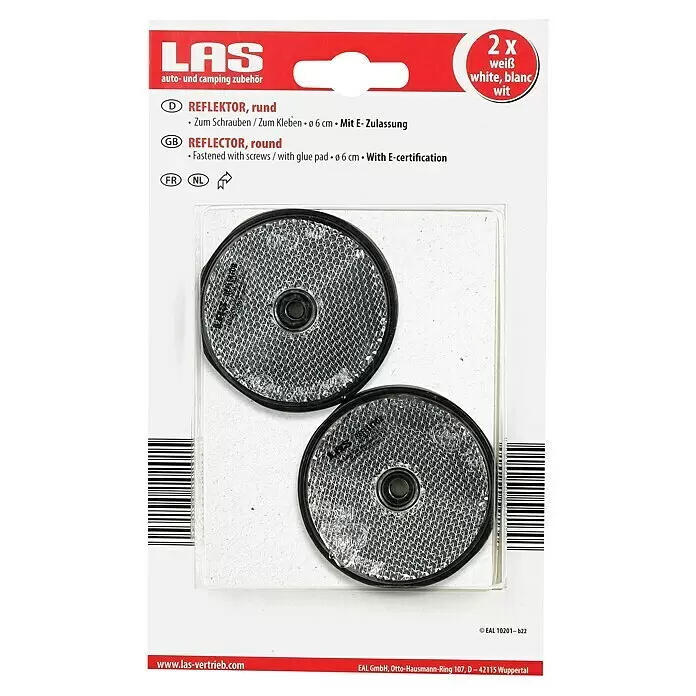LAS Reflektor - 2 Stk., Weiß - Zwei runde, weiße Rückstrahler (Reflektoren) mit 6 cm Durchmesser, schwarzem Rahmen, in transparenter Verpackung für Auto & Camping.