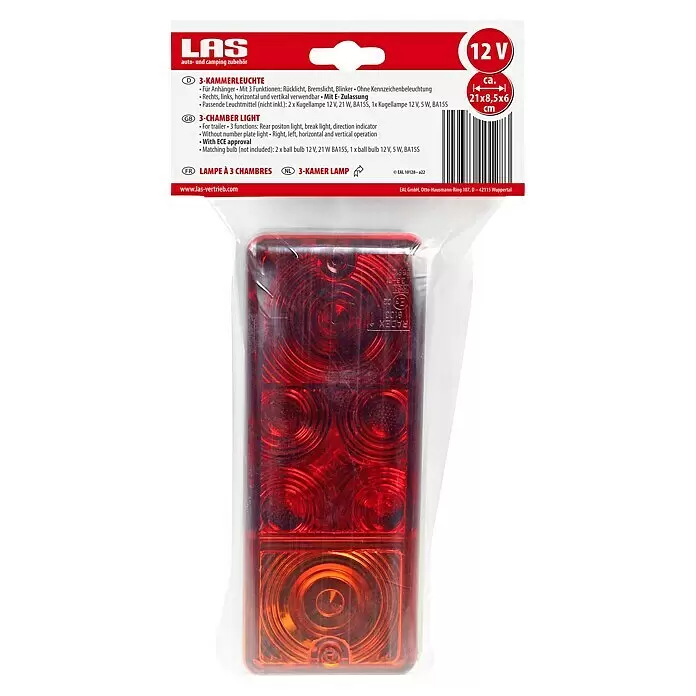 LAS Rückleuchte - 2 Stk. - Rote und orange 3-Kammer-Anhängerleuchte in Klarsichtverpackung für 12V-Systeme.