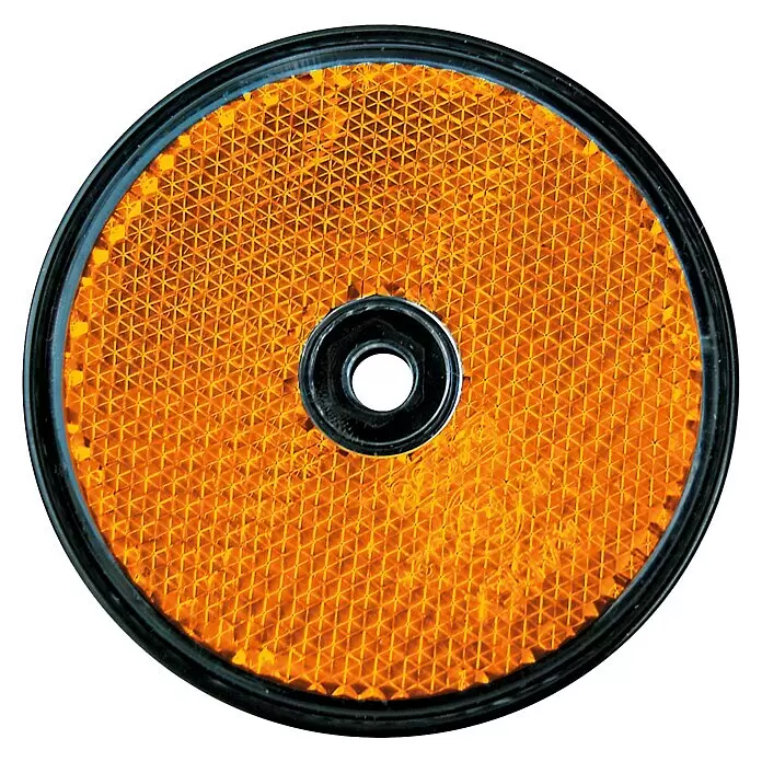 LAS Reflektor - 2 Stk., Orange - Kreisförmiger oranger Reflektor mit schwarzem Rand und mittiger Bohrung, mit dreieckigem Gittermuster für erhöhte Sichtbarkeit.