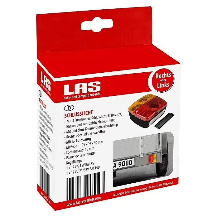 LAS Brems- & Schlusslichtleuchte - 1 Stk. - Rot-weiße Verpackung für ein LAS Fahrzeugrücklicht, zeigt das amber-rote Licht und Produktdetails.