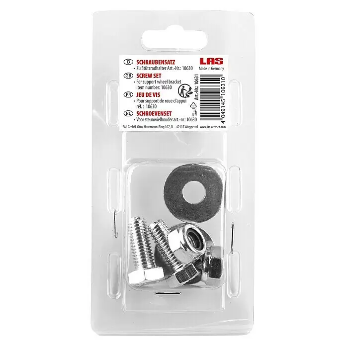 LAS Schraubensatz - 6 -tlg. - Metallisches Schraubenset mit Schrauben, Muttern und Unterlegscheibe, verpackt für eine Stützradhalterung.