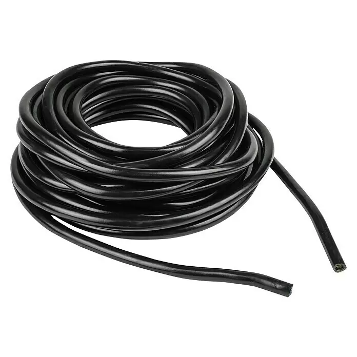 LAS Stromversorgungskabel - 10 m - Schwarzes aufgewickeltes Kabel mit freiliegenden Innenleitern.