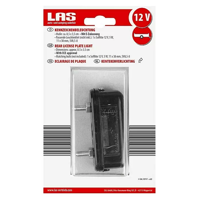 LAS Rückleuchte Multipoint III - links - Schwarze, rechteckige Kennzeichenleuchte zum Schrauben in transparenter Verpackung.