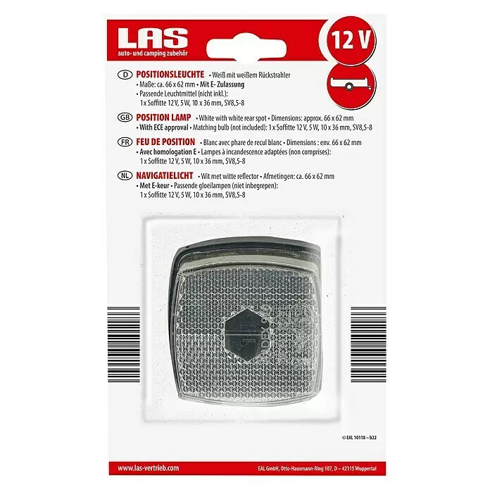LAS Rückleuchte - 1 Stk. - Weißes, rechteckiges Positionslicht/Rückstrahler für 12V-Fahrzeuge mit ECE-Zulassung.