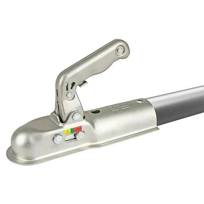 LAS Kupplungsklaue - Zugkraft: 750 kg, Passend für: Zugrohr rund ca. ø 70 mm - Nahaufnahme einer Anhängerkupplung aus Metall mit Hebel, die an einer grauen Stange befestigt ist.