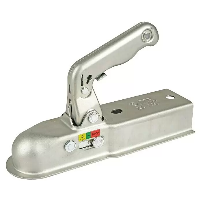 LAS Kupplungsklaue - Zugkraft: 750 kg, Passend für: Zugrohr eckig ca. B: 60 mm - Verzinkte Metall-Anhängerkupplung mit Griff, mit „OK STOP“ Anzeige.