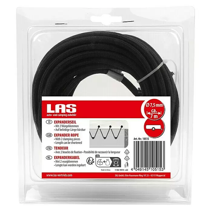 LAS Expanderseil - 7,5 mm x 7 m - Schwarzes Expanderseil (ca. 7,5mm, 7m) in Klarsichtverpackung, mit 2 Klemmstücken zur Längenanpassung.