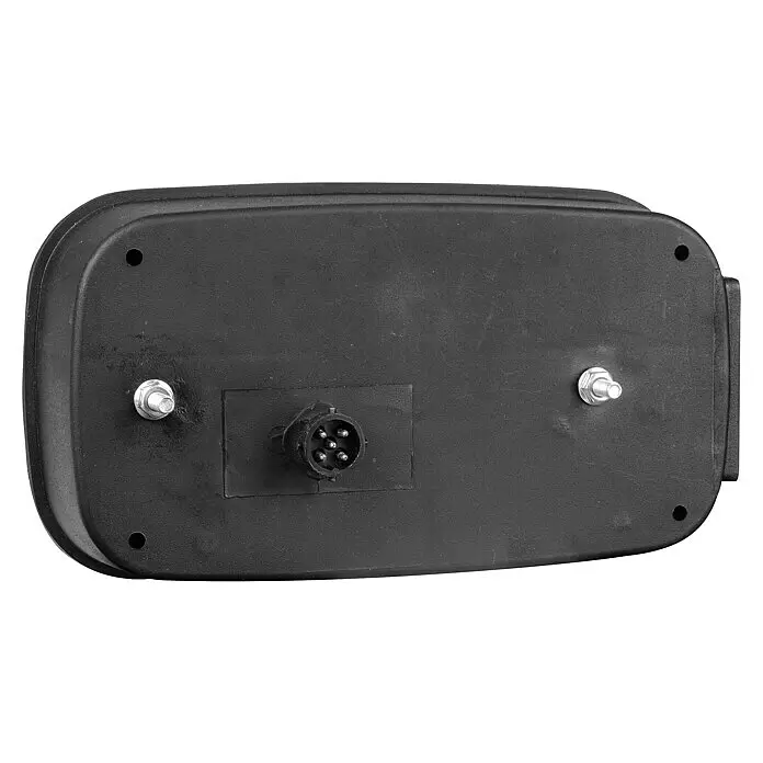 LAS Rückleuchte Multipoint III - rechts - Schwarze rechteckige Geräterückseite mit 5-poligem Stecker und zwei Befestigungsschrauben.