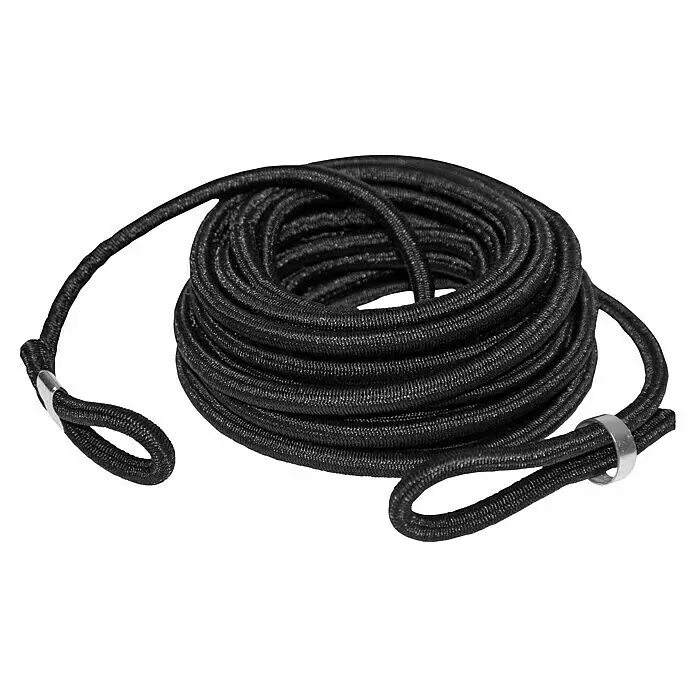 LAS Expanderseil - 7,5 mm x 7 m - Aufgerollte schwarze Gummiseil mit Schlaufenenden, befestigt mit silberfarbenen Metallklemmen.