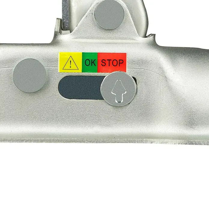 LAS Kupplungsklaue - Zugkraft: 750 kg, Passend für: Zugrohr rund ca. ø 70 mm - Nahaufnahme einer Anhängerkupplung mit Anzeige "OK" und "STOP" sowie einem Warnhinweis und einem Pfeil nach oben.