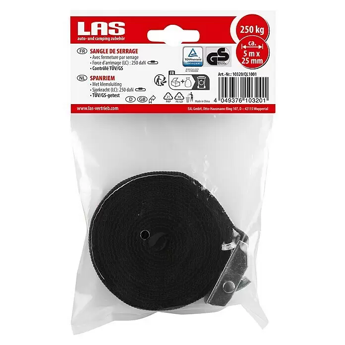 LAS Spanngurt - 5 m x 2,5 cm - Schwarzer textiler Spanngurt mit Metallschnalle, in Klarsichtverpackung aufgerollt. Zum Sichern von Ladung.