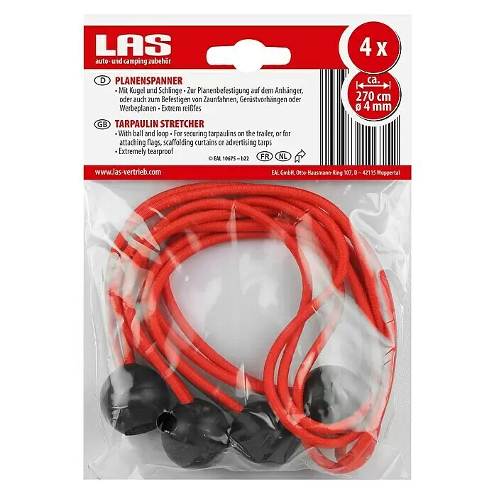 LAS Spannverschluss - 4 Stk. - Vier rote Planenspanner mit schwarzen Kugeln und Schlaufen, ca. 270 cm lang und 4 mm dick, in klarer Verpackung.