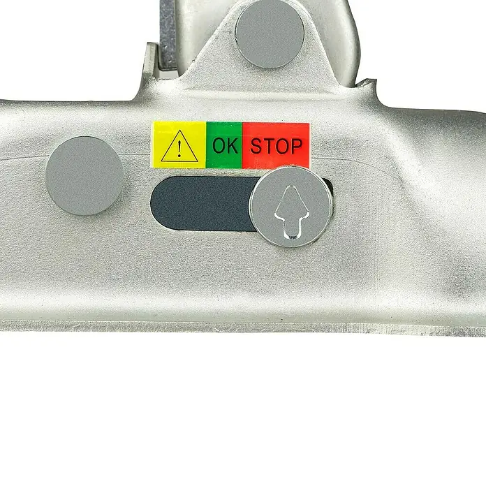 LAS Kupplungsklaue - Zugkraft: 750 kg, Passend für: Zugrohr eckig ca. B: 60 mm - Nahaufnahme einer Anhängerkupplung mit gut sichtbaren Indikatoren für Betriebsbereitschaft und Warnhinweise.