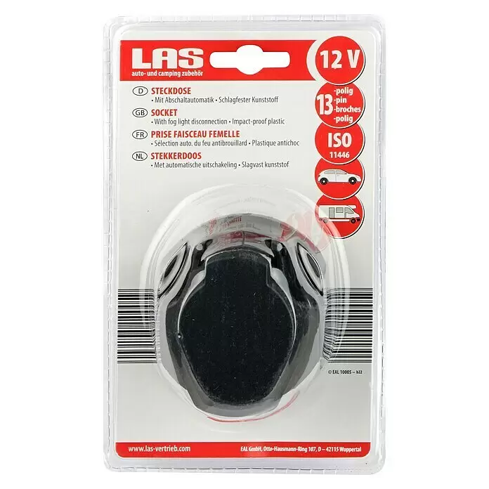 LAS Steckdose - 13-polig, 12 V - Schwarze 12V 13-polige Fahrzeugsteckdose aus schlagfestem Kunststoff, in Blisterverpackung.