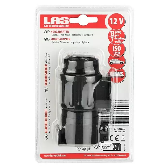 LAS Adapter - 12 V, 13-polig (Fahrzeug) auf 7-polig (Anhänger) - Schwarzer Kurzadapter für Auto und Camping. Drehbarer 13- auf 7-Pol Anhängeradapter aus schlagfestem Kunststoff mit Deckel.