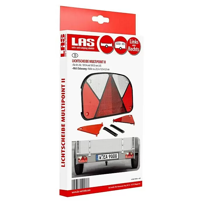 LAS Leuchtenglas Multipoint II - Passend für: rechts oder links - LAS Multipoint II Anhängerleuchte in Rot, Weiß und Orange, auf Verpackung und am Anhänger montiert dargestellt.